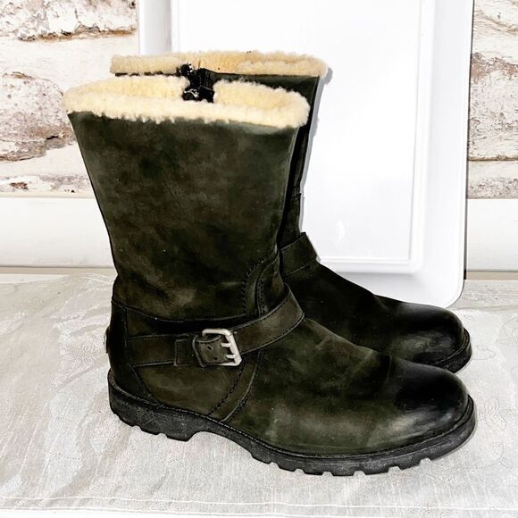 Ugg Chantay womens nubuck Biker Style Shearling Lined Winter boots Black Sz 6.5 - Picture 1 of 7